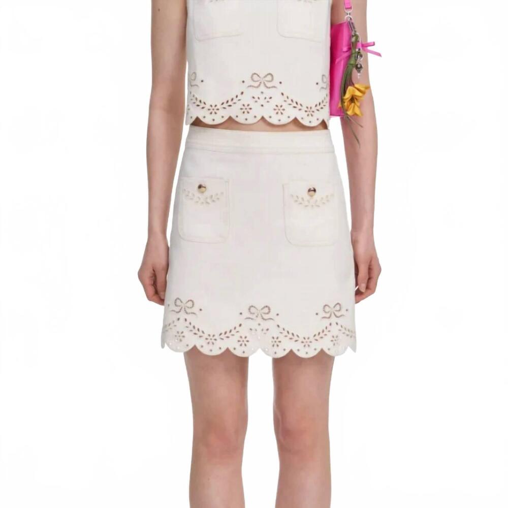 NEW SELF-PORTRAIT broderie denim mini skirt in ecru